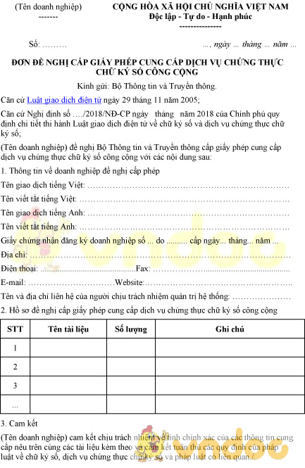 Mẫu đơn đề nghị cấp giấy phép cung cấp dịch vụ chứng thực chữ ký số công cộng