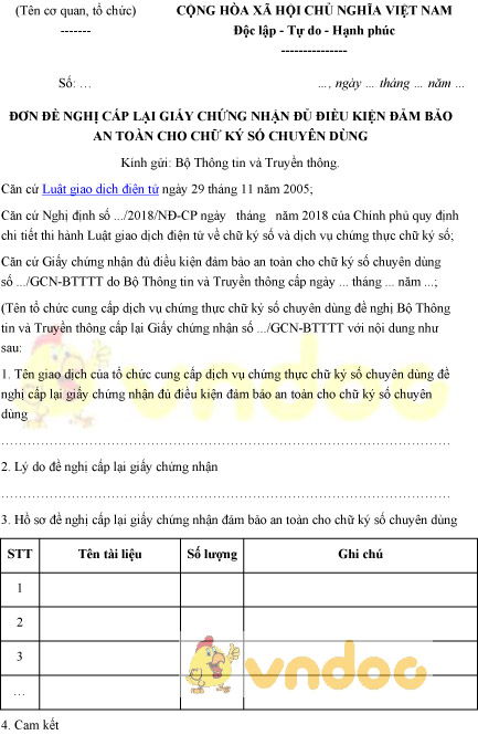 Mẫu đơn đề nghị cấp lại GCN đủ điều kiện đảm bảo an toàn cho chữ ký số