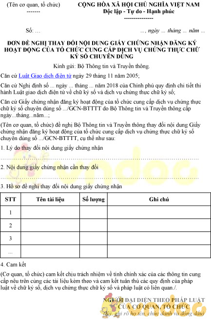 Mẫu đơn đề nghị thay đổi nội dung GCN đăng ký hoạt động tổ chức dịch vụ chữ ký số