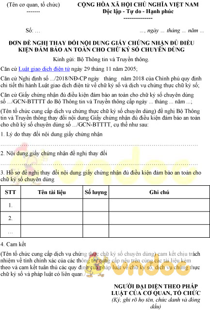 Mẫu đơn đề nghị thay đổi nội dung GCN đủ điều kiện đảm bảo an toàn cho chữ ký số