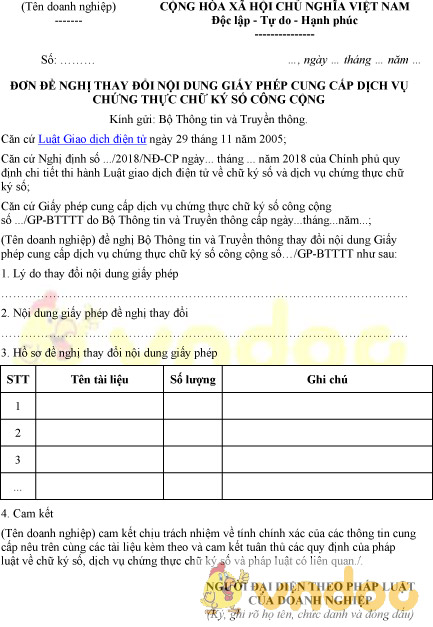 Mẫu đơn đề nghị thay đổi nội dung giấy phép dịch vụ chứng thực chữ ký số