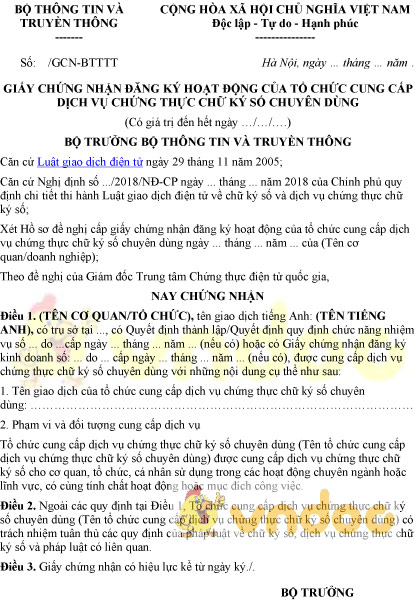Mẫu giấy chứng nhận đăng ký hoạt động của tổ chức chứng thực chữ ký số