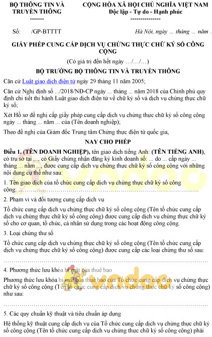 Giấy phép cung cấp dịch vụ chứng thực chữ ký số công cộng