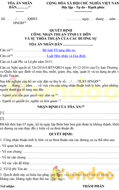 Mẫu số 31-VDS: Quyết định công nhận thuận tình ly hôn và sự thỏa thuận của các đương sự