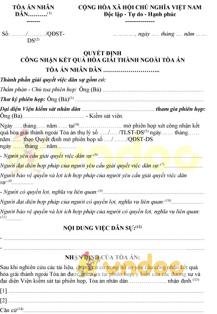 Mẫu số 32-VDS: Quyết định công nhận kết quả hòa giải thành ngoài tòa án