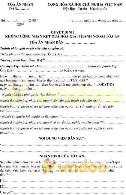 Mẫu số 33-VDS: Quyết định không công nhận kết quả hòa giải thành ngoài tòa án