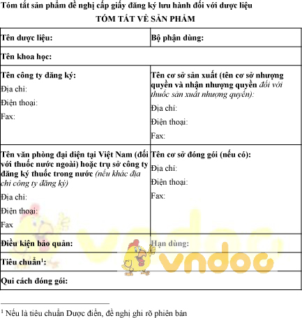 Mẫu bản tóm tắt sản phẩm đề nghị cấp giấy đăng ký lưu hành dược liệu
