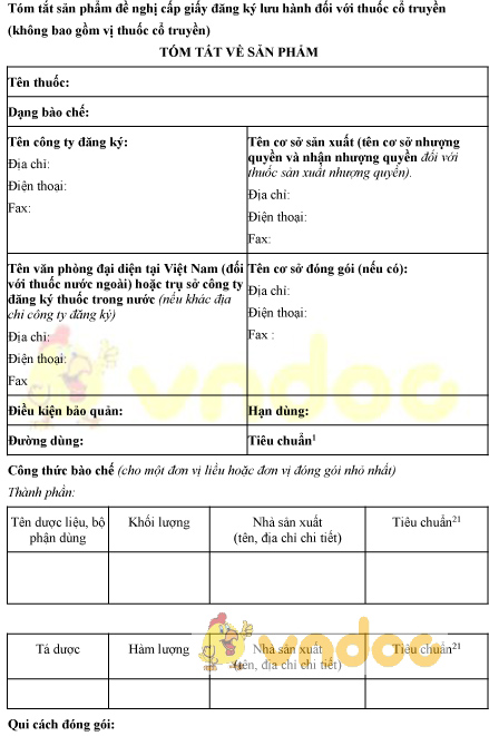 Mẫu bản tóm tắt sản phẩm đề nghị cấp giấy đăng ký lưu hành thuốc cổ truyền