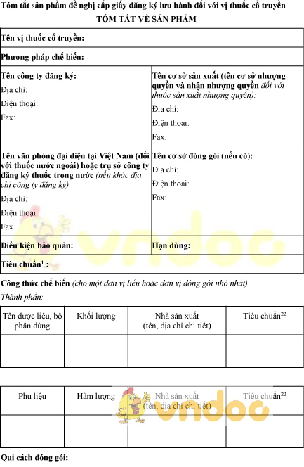 Mẫu bản tóm tắt sản phẩm đề nghị cấp giấy đăng ký lưu hành vị thuốc cổ truyền