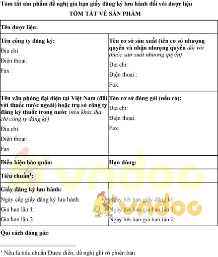 Mẫu bản tóm tắt sản phẩm đề nghị gia hạn giấy đăng ký lưu hành dược liệu