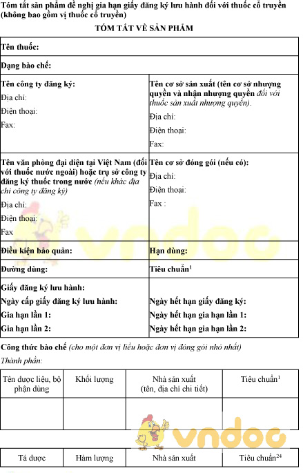 Mẫu bản tóm tắt sản phẩm đề nghị gia hạn giấy đăng ký lưu hành thuốc cổ truyền