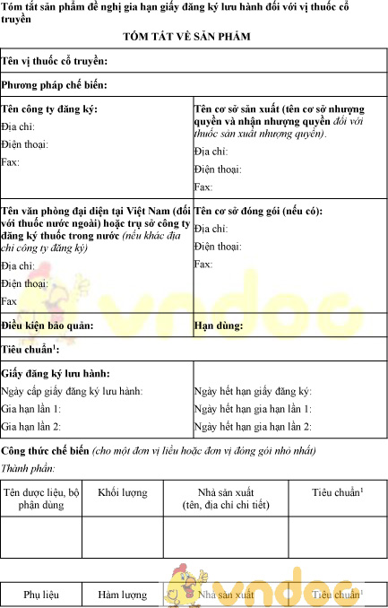 Mẫu bản tóm tắt sản phẩm đề nghị gia hạn giấy đăng ký lưu hành vị thuốc cổ truyền