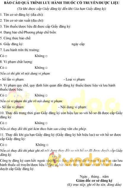 Mẫu báo cáo quá trình lưu hành thuốc cổ truyền, dược liệu