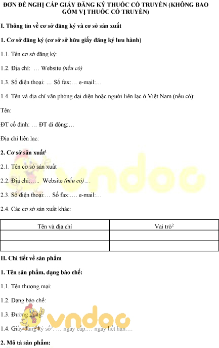 Mẫu đơn đề nghị cấp giấy đăng ký thuốc cổ truyền