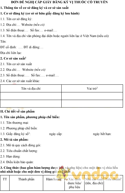 Mẫu đơn đề nghị cấp giấy đăng ký vị thuốc cổ truyền