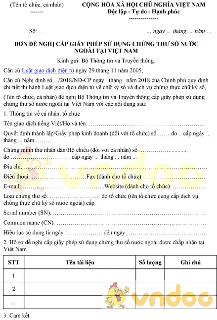 Mẫu đơn đề nghị cấp giấy phép sử dụng chứng thư số nước ngoài tại Việt Nam