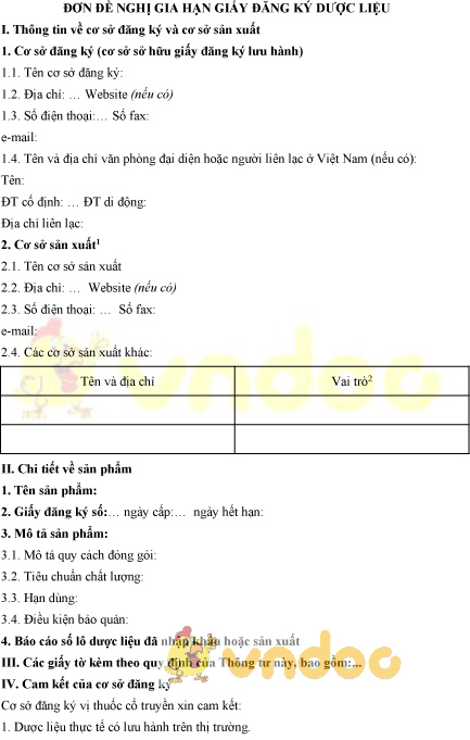 Mẫu đơn đề nghị gia hạn giấy đăng ký dược liệu