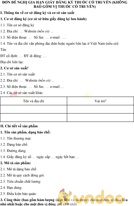 Mẫu đơn đề nghị gia hạn giấy đăng ký thuốc cổ truyền