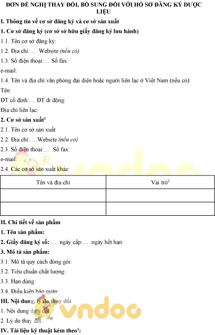 Mẫu đơn đề nghị thay đổi, bổ sung hồ sơ đăng ký dược liệu