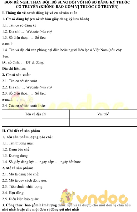 Mẫu đơn đề nghị thay đổi, bổ sung hồ sơ đăng ký thuốc cổ truyền