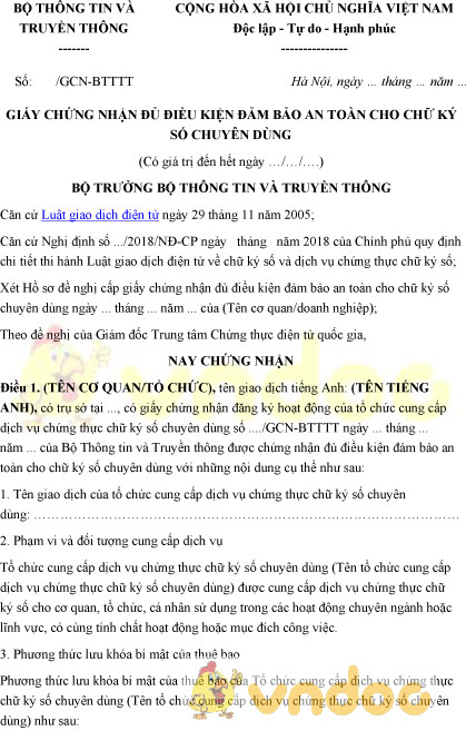 Mẫu giấy chứng nhận đủ điều kiện đảm bảo an toàn cho chữ ký số