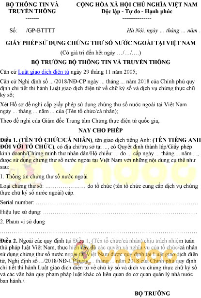 Mẫu giấy phép sử dụng chứng thư số nước ngoài tại Việt Nam