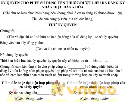 Mẫu giấy ủy quyền cho phép sử dụng tên thuốc, dược liệu đã đăng ký nhãn hiệu