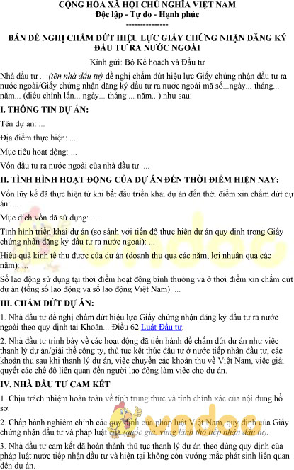 Mẫu bản đề nghị chấm dứt hiệu lực GCN đăng ký đầu tư