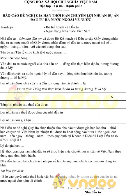 Mẫu báo cáo đề nghị gia hạn thời hạn chuyển lợi nhuận dự án đầu tư