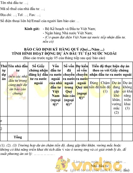 Mẫu báo cáo định kỳ hàng quý tình hình đầu tư dự án tại nước ngoài