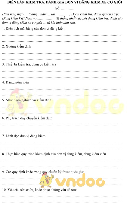 Mẫu biên bản kiểm tra, đánh giá đơn vị đăng kiểm xe cơ giới