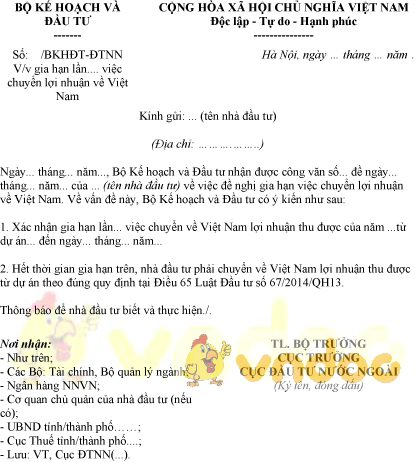 Mẫu công văn đề nghị gia hạn chuyển lợi nhuận về Việt Nam