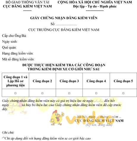 Mẫu giấy chứng nhận đăng kiểm viên