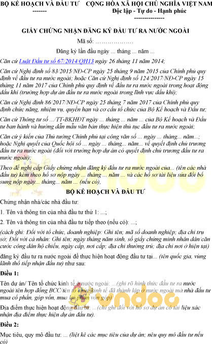 Mẫu giấy chứng nhận đăng ký đầu tư ra nước ngoài