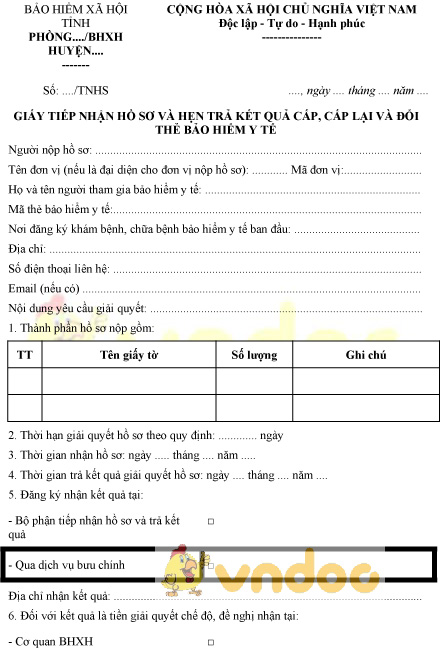 Mẫu giấy tiếp nhận hồ sơ và hẹn trả kết quả cấp, cấp lại và đổi thẻ BHYT