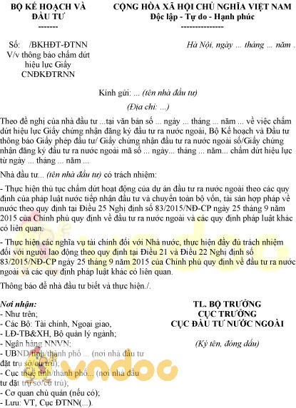 Mẫu thông báo chấm dứt hiệu lực GCN đăng ký đầu tư