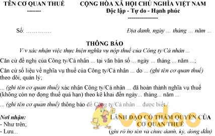 Mẫu thông báo xác nhận thực hiện nghĩa vụ nộp thuế