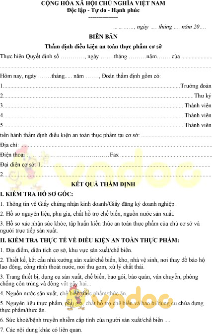 Mẫu biên bản thẩm định điều kiện an toàn thực phẩm cơ sở