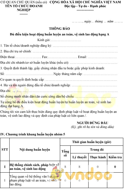 Mẫu thông báo đủ điều kiện hoạt động huấn luyện an toàn, vệ sinh lao động