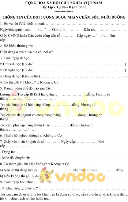 Mẫu thông tin của đối tượng được nhận chăm sóc, nuôi dưỡng