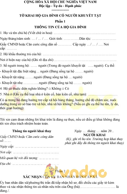 Mẫu tờ khai hộ gia đình có người khuyết tật