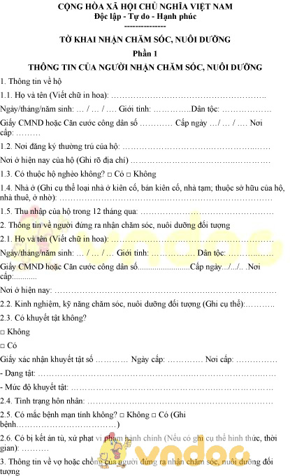 Mẫu tờ khai nhận chăm sóc, nuôi dưỡng