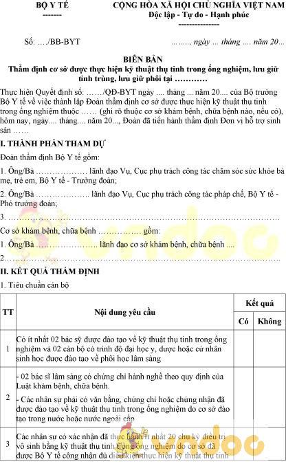 Mẫu biên bản thẩm định cơ sở được thực hiện kỹ thuật thụ tinh trong ống nghiệm