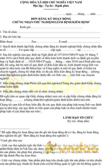 Mẫu đơn đăng ký hoạt động chứng nhận, thử nghiệm, giám định, kiểm định