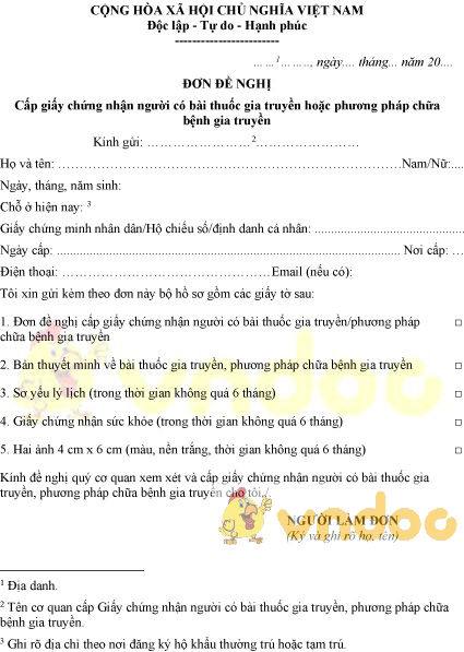 Mẫu đơn đề nghị cấp GCN có bài thuốc, phương pháp chữa bệnh gia truyền