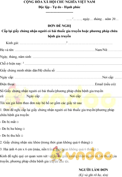Mẫu đơn đề nghị cấp lại GCN có bài thuốc, phương pháp chữa bệnh gia truyền