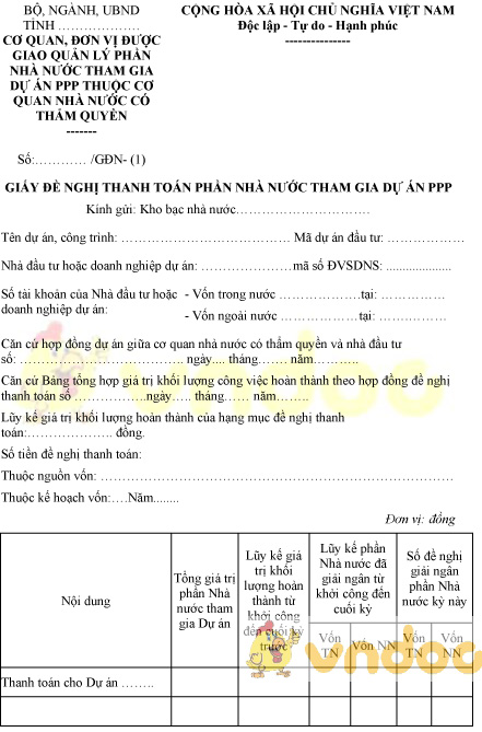 Mẫu giấy đề nghị thanh toán phần nhà nước tham gia dự án PPP