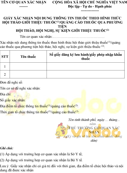 Mẫu giấy xác nhận nội dung thông tin thuốc theo hình thức hội thảo giới thiệu thuốc