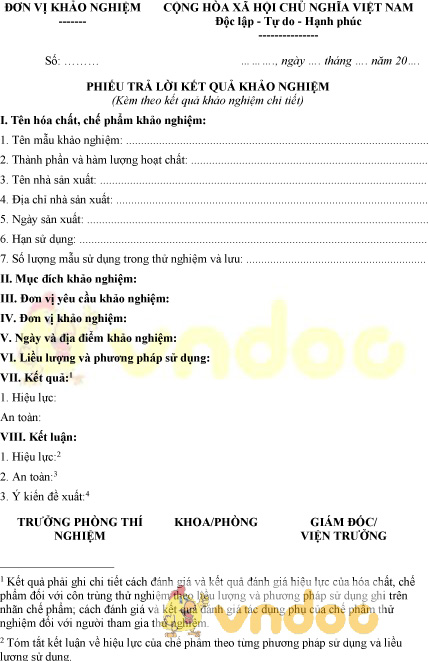 Mẫu phiếu trả lời kết quả khảo nghiệm