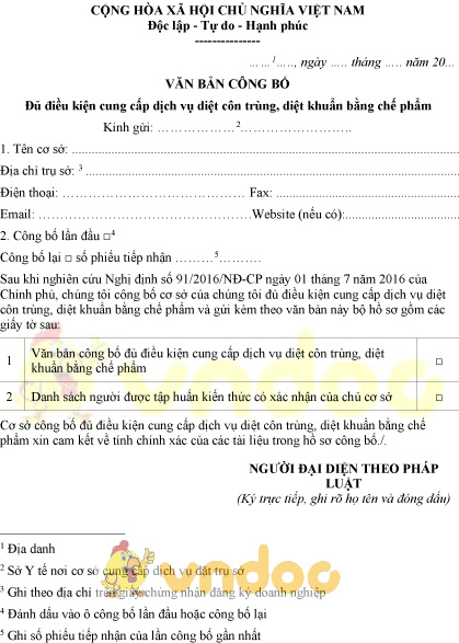 Mẫu văn bản công bố đủ điều kiện cung cấp dịch vụ diệt côn trùng bằng chế phẩm